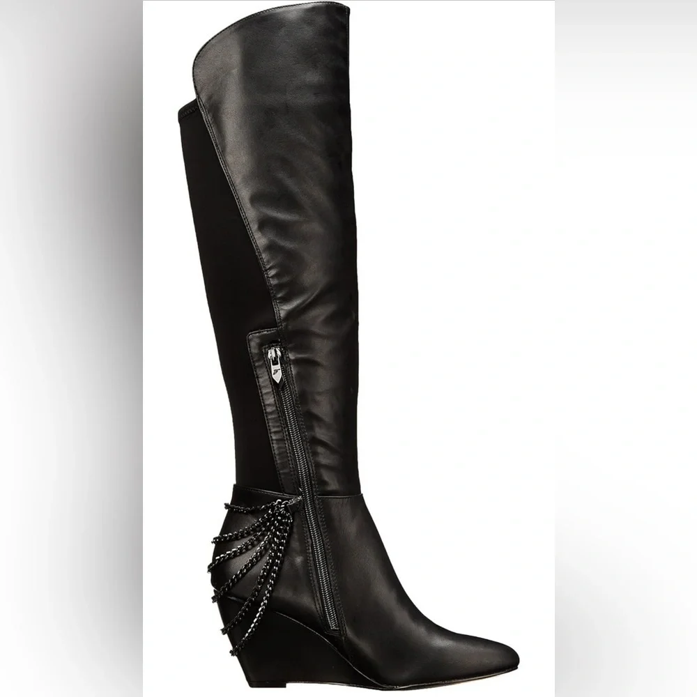 Fergie Samantha Black Chain-Detail Wedge Over-the-Knee Boots – Size 9M